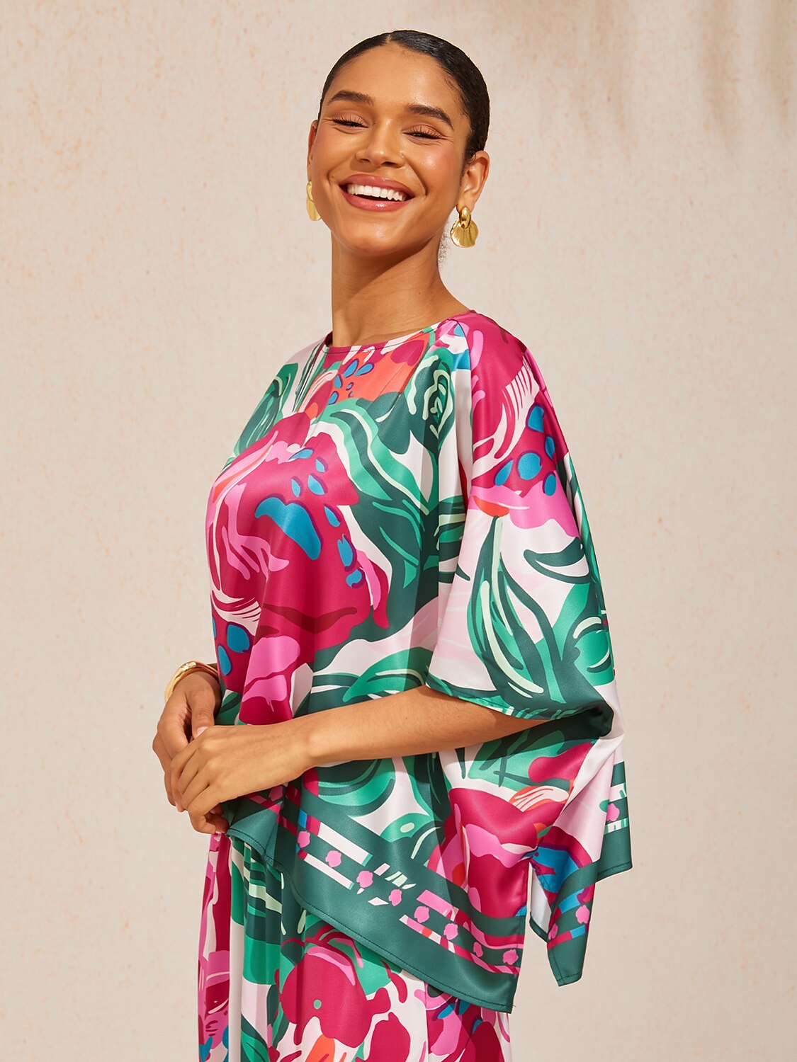 Fiery Pink Rose Silky Satin Dolman Sleeve Top