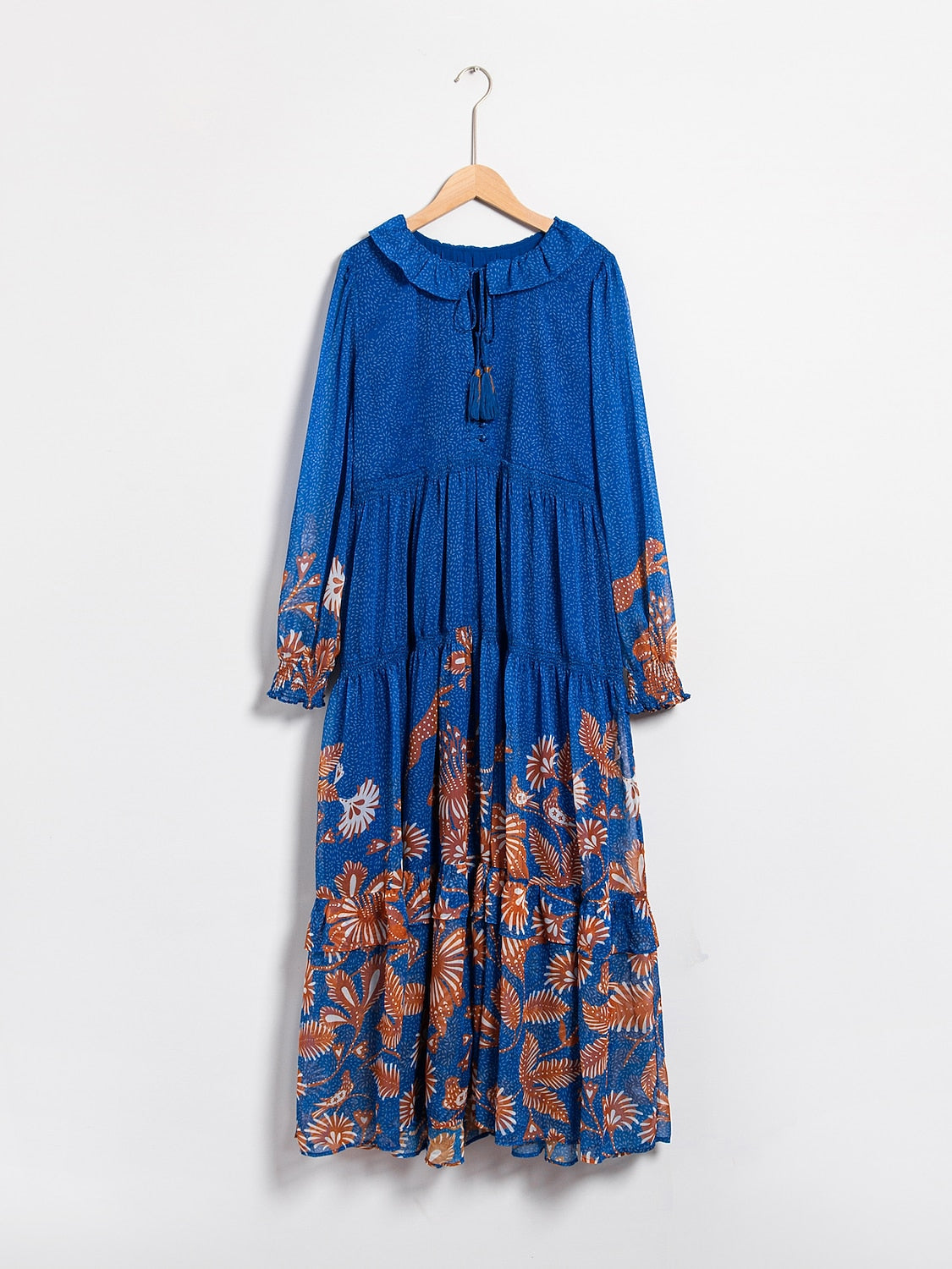 Chiffon Tropical Flowers Puff Sleeve Maxi Dress