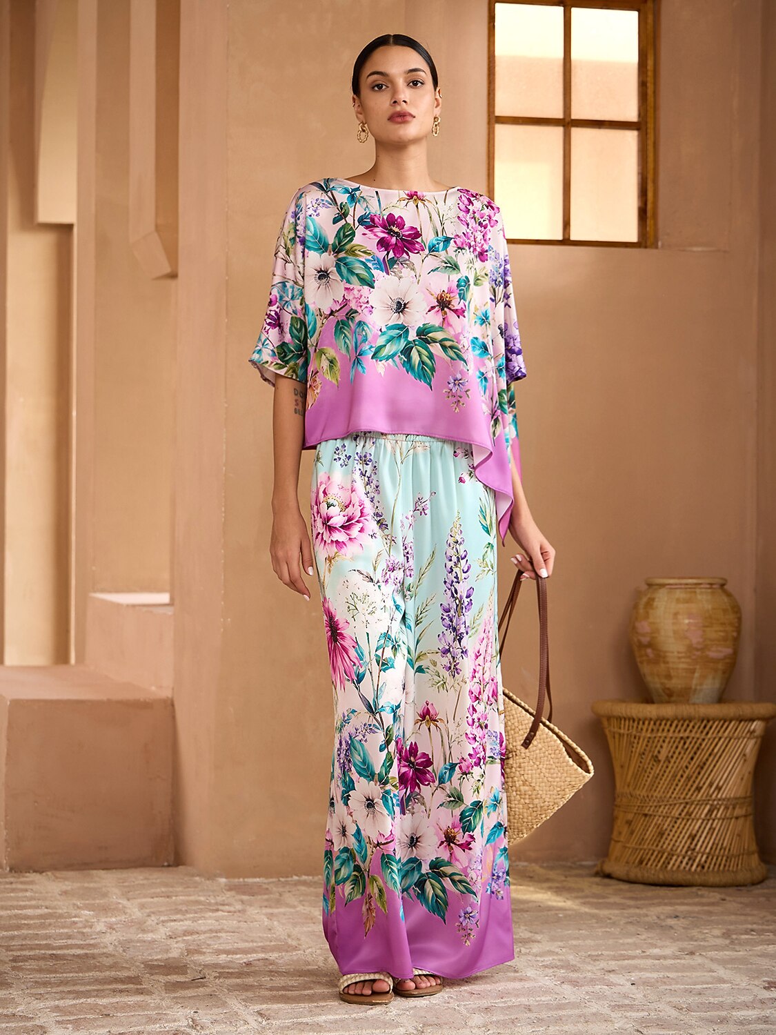 Pastel Garden Silky Satin Batwing Top