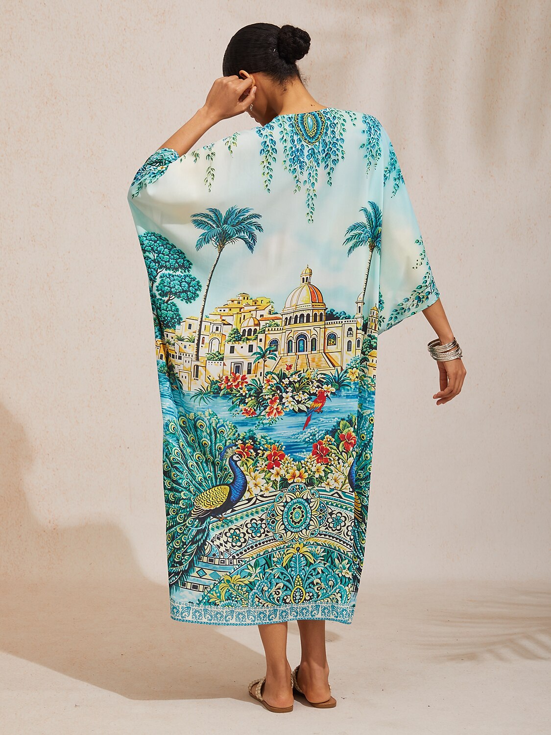 Balearic Islands Blue Flowy Chiffon Dolman Sleeve Kaftan