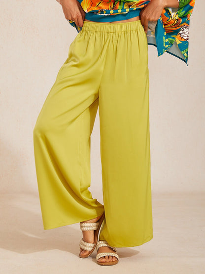 Silky Satin White Elastic Waist Wide Leg Pants