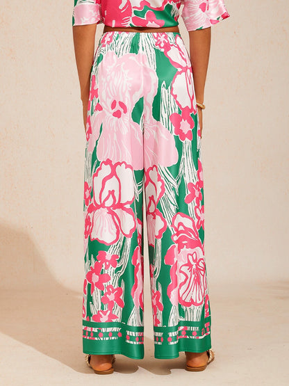 Marble Flora Silky Satin Wide Leg Pants