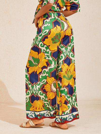 Emerald Bloom Bazaar Silky Satin Wide Leg Pants