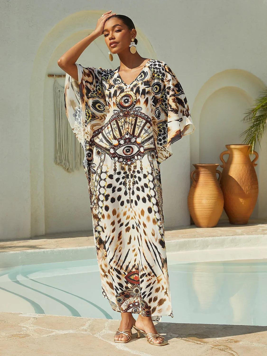 Mallorca Blossom Flowy Chiffon Dolman Sleeve Maxi Dress