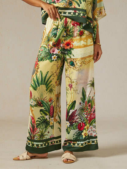 Verdant Garden Muse Silky Satin Wide Leg Pants