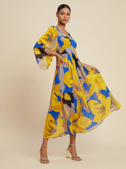 Abstract Floral Print Chiffon Maxi Dress