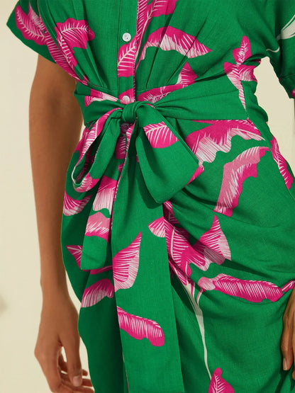 Tropical Print Shirred Midi Dress