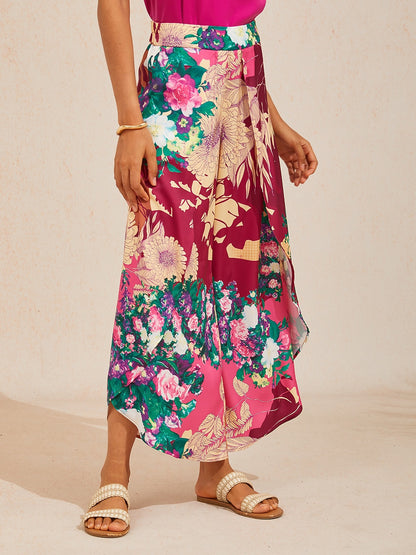 Fiery Pink Rose Silky Satin Slit Wide Leg Pants