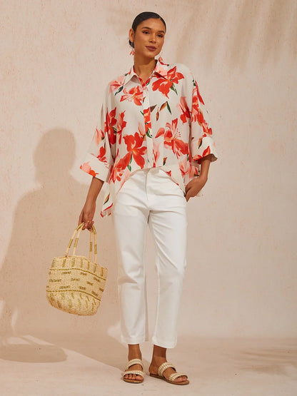 Spring Blooms Flowy Chiffon Asymmetrical Dolman Sleeve Blouse