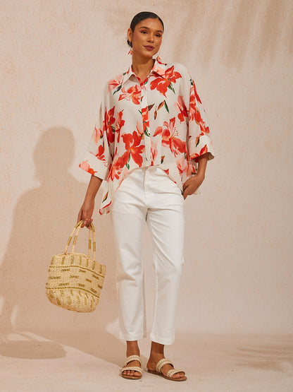 Spring Blooms Flowy Chiffon Asymmetrical Dolman Sleeve Blouse