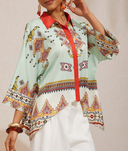 Balearic Islands Blue Silky Satin Dolman Sleeve Button Down Shirt