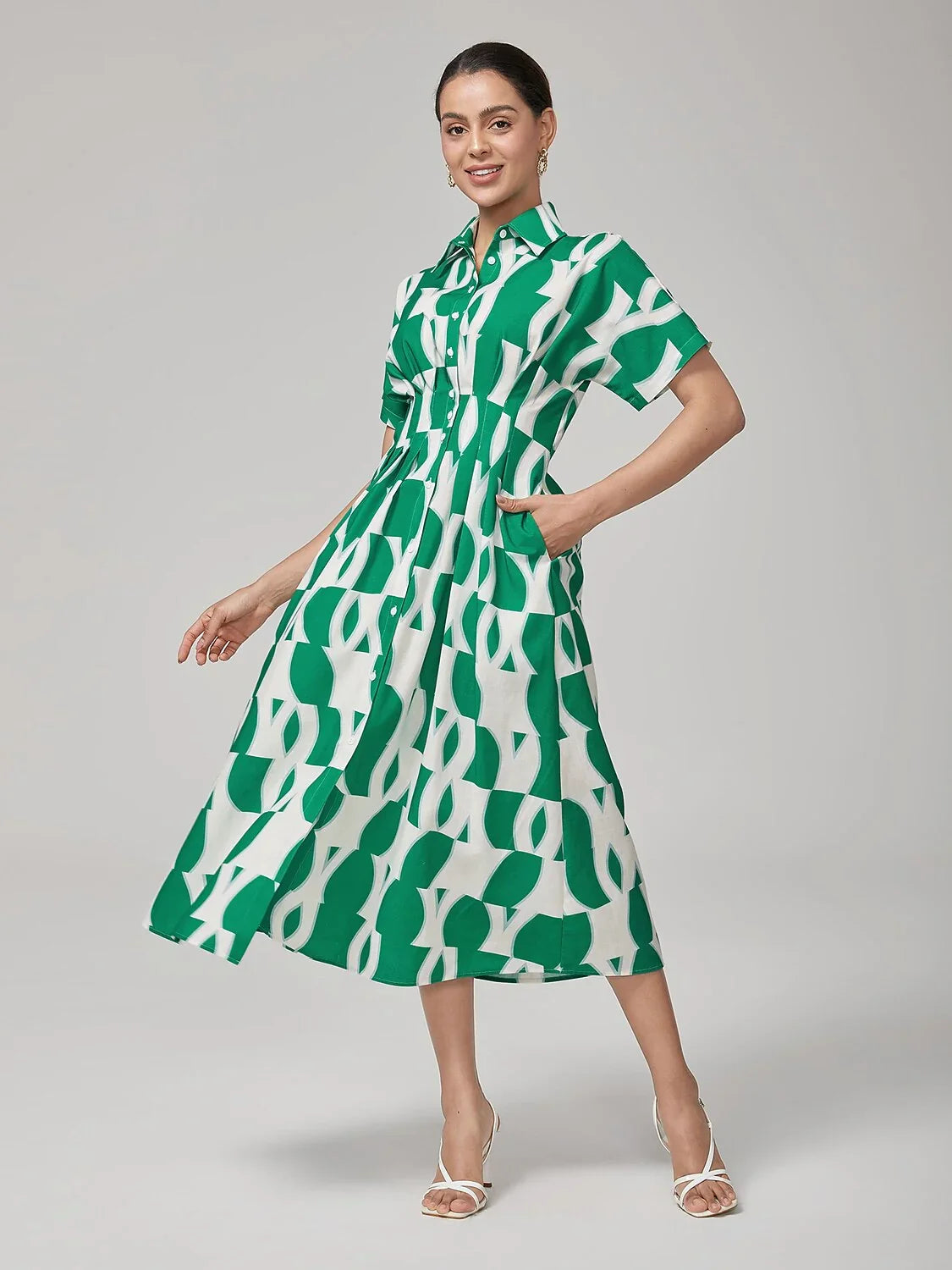 Vintage Green Geometric Pleated Shirt Dress