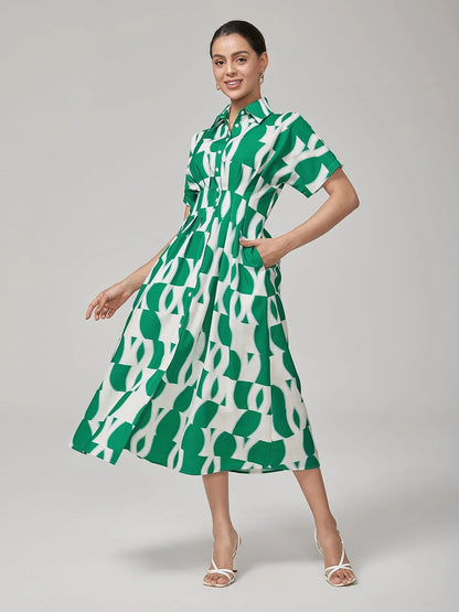 Vintage Green Geometric Pleated Shirt Dress