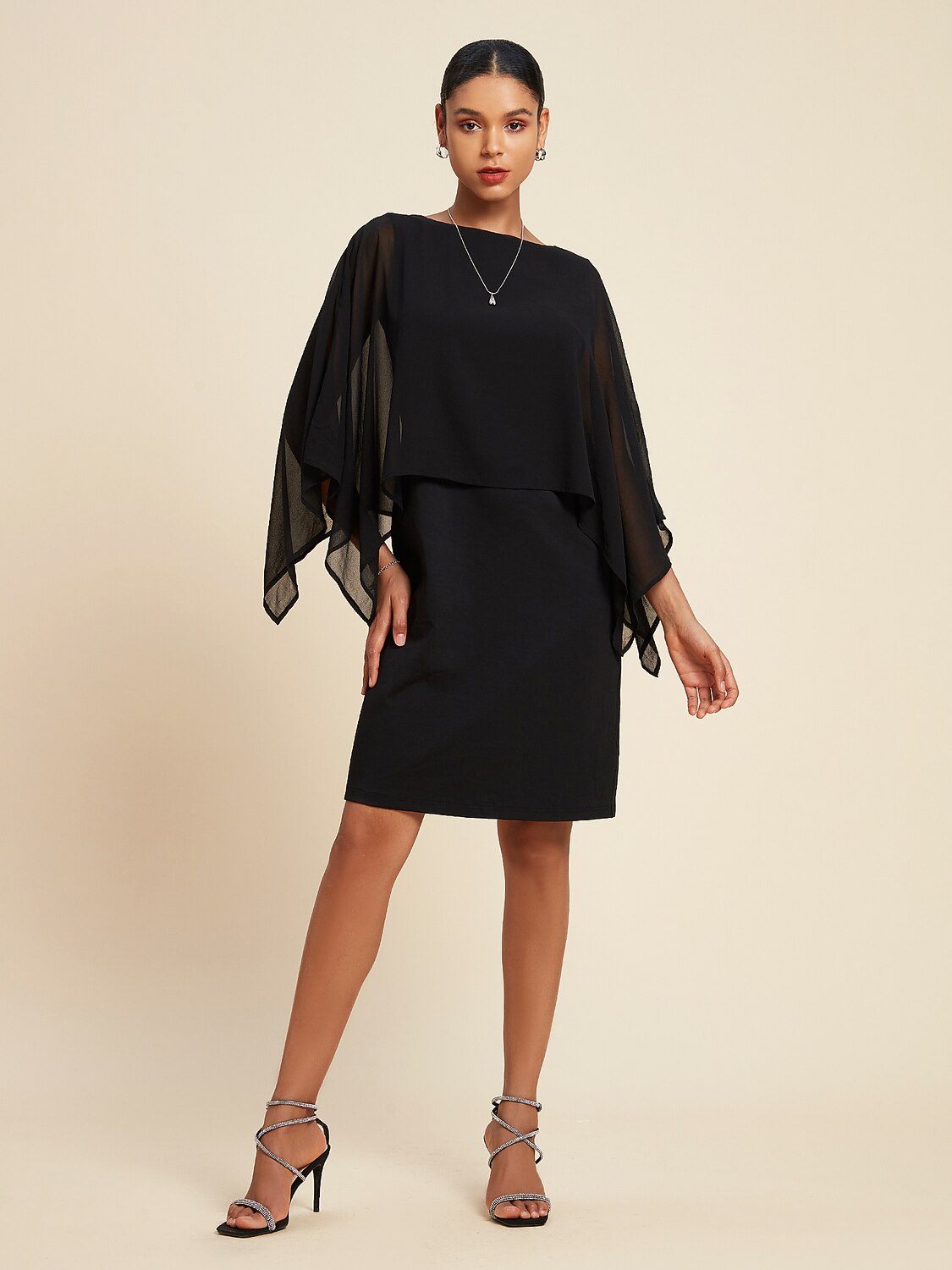 Chiffon Cape Sleeve Wedding Guest Mini Dress