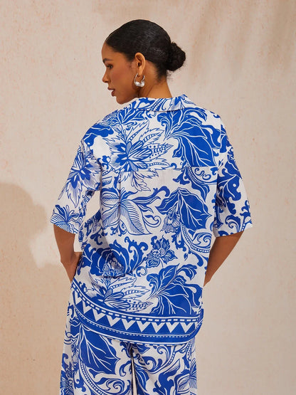 St Barth Blooms Airy Linen Look Blue Blouse