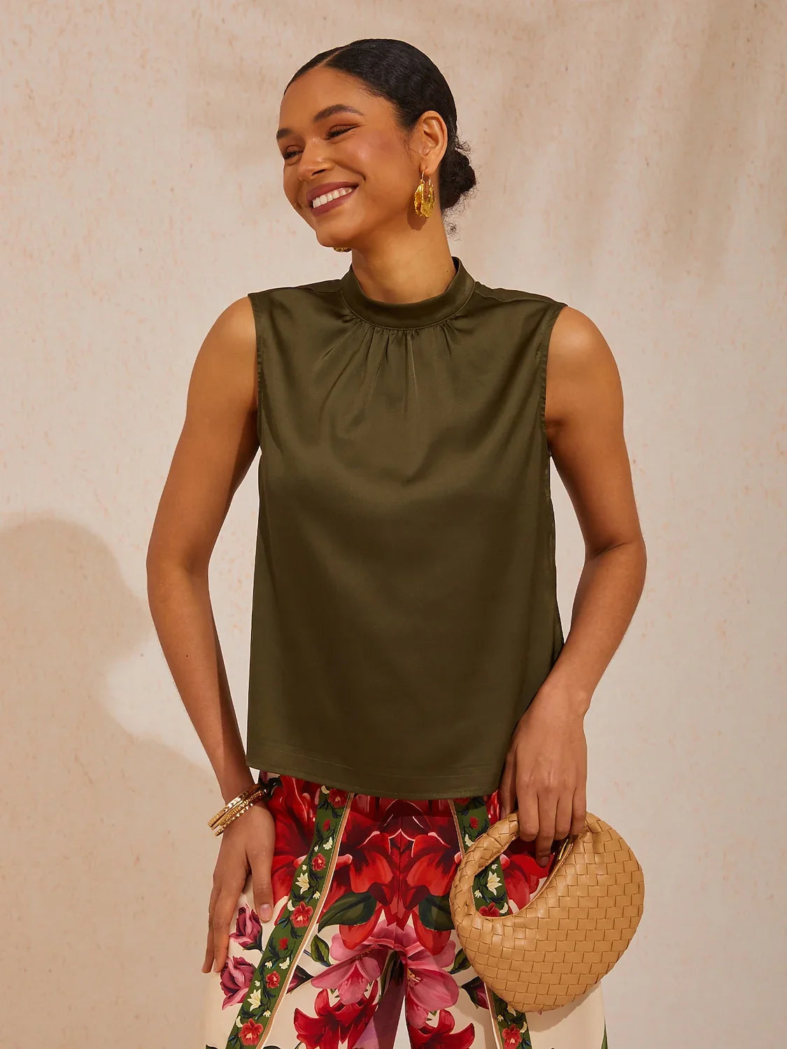 Hawaii Palm Silky Satin Floral Top