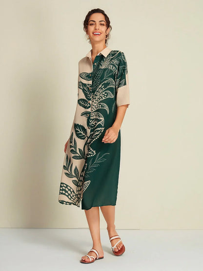 Leaf Print Half Sleeve Midi Shirt Dress