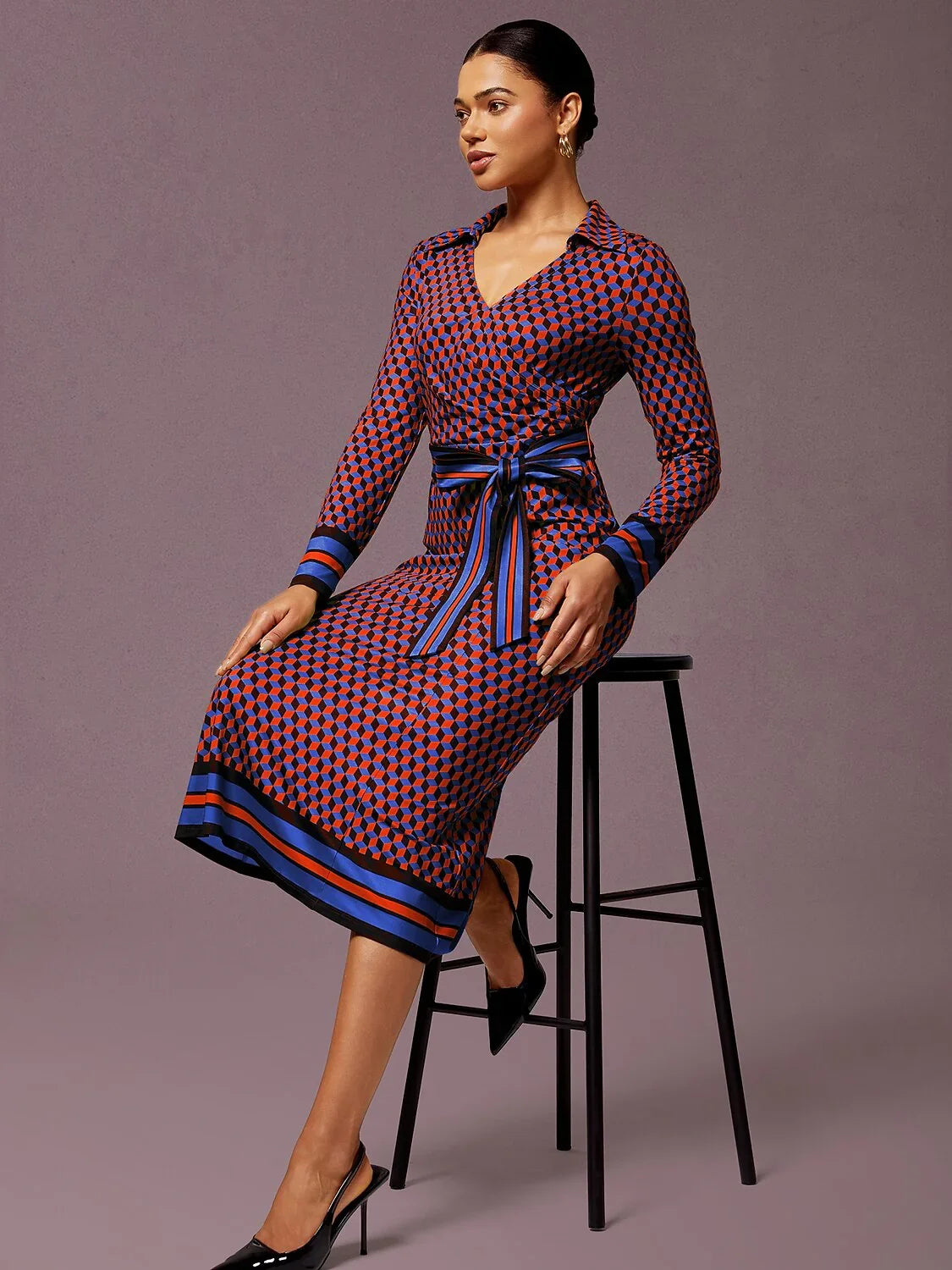 Rose Red Geometric Print High Stretch Dress