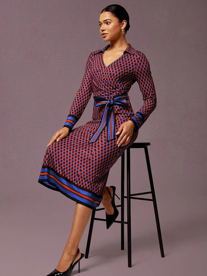 Rose Red Geometric Print High Stretch Dress