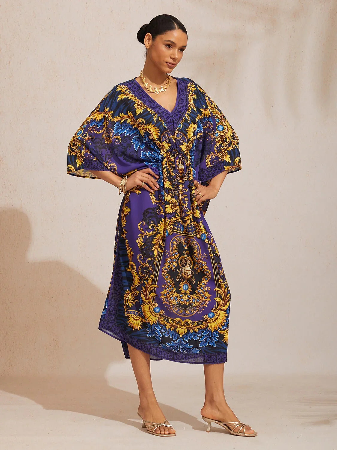 Midnight Blue Baroque Flowy Chiffon Dolman Sleeve Kaftan