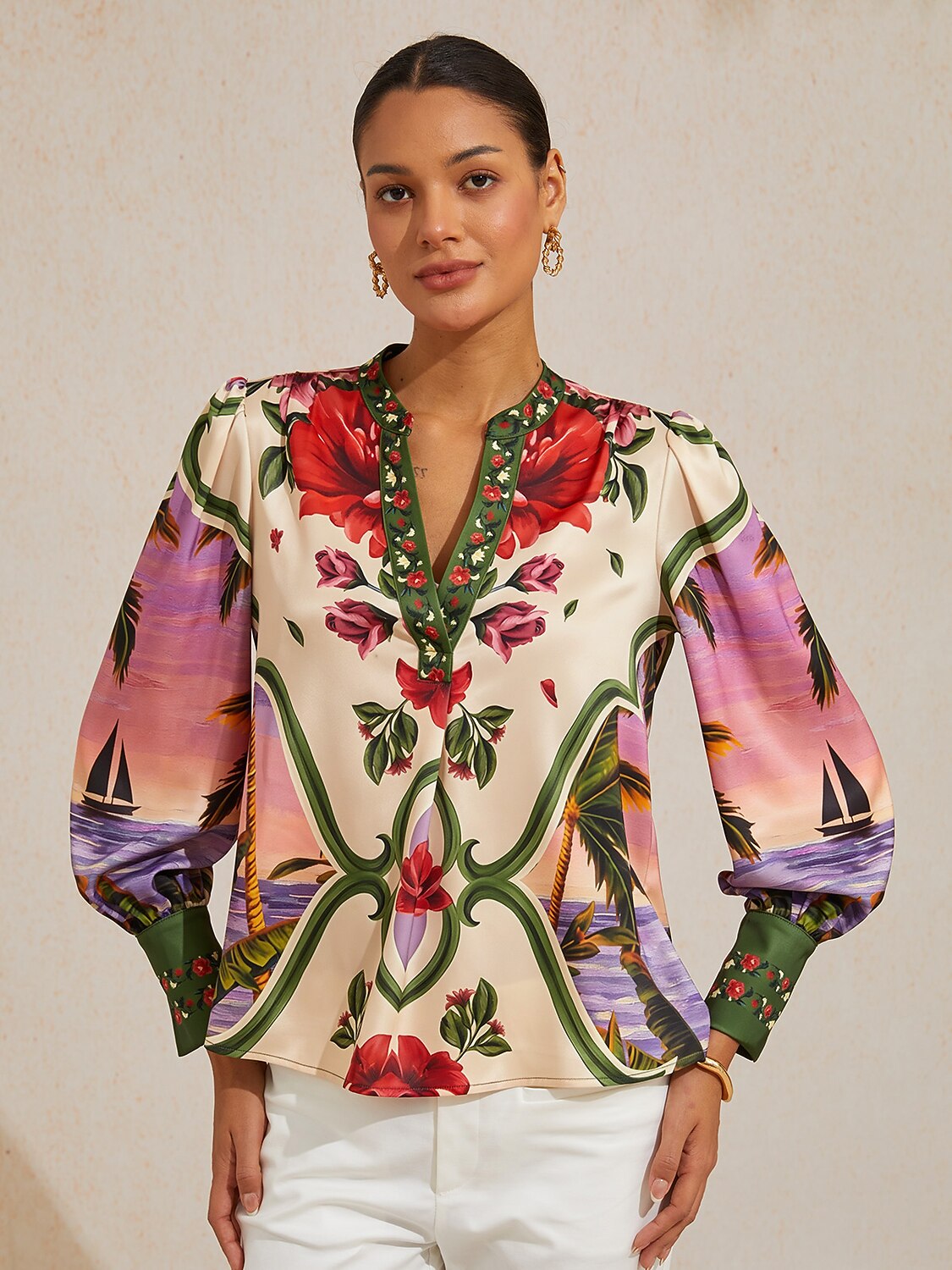 Hawaii Palm Silky Satin Blouse