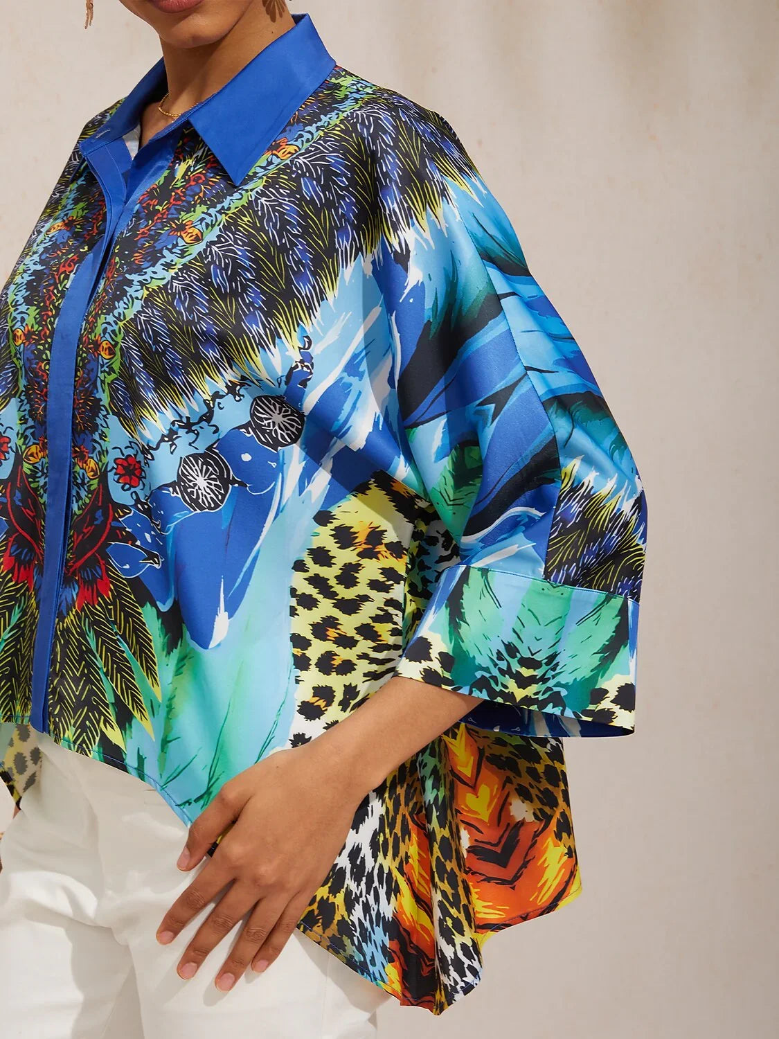 Vintage Leopard Jewelry Silky Satin Dolman Sleeve Shirt