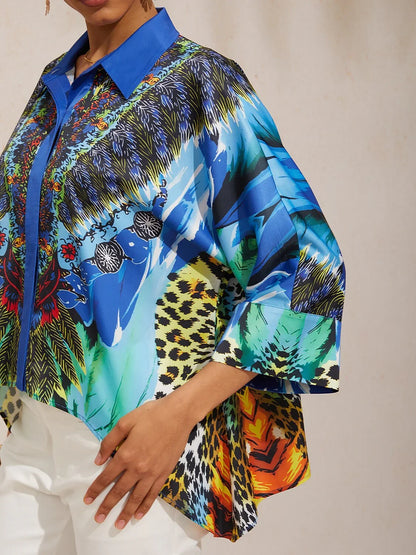 Vintage Leopard Jewelry Silky Satin Dolman Sleeve Shirt