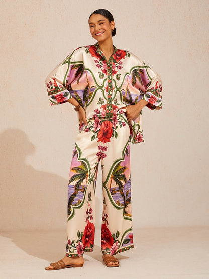 Hawaii Palm Silky Satin batwing top