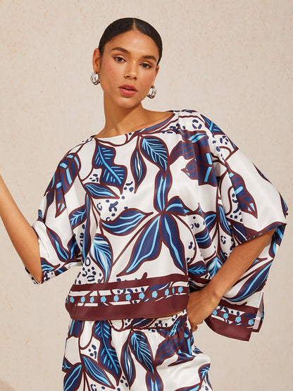 Abstract Azure  Satin Dolman Sleeve Top