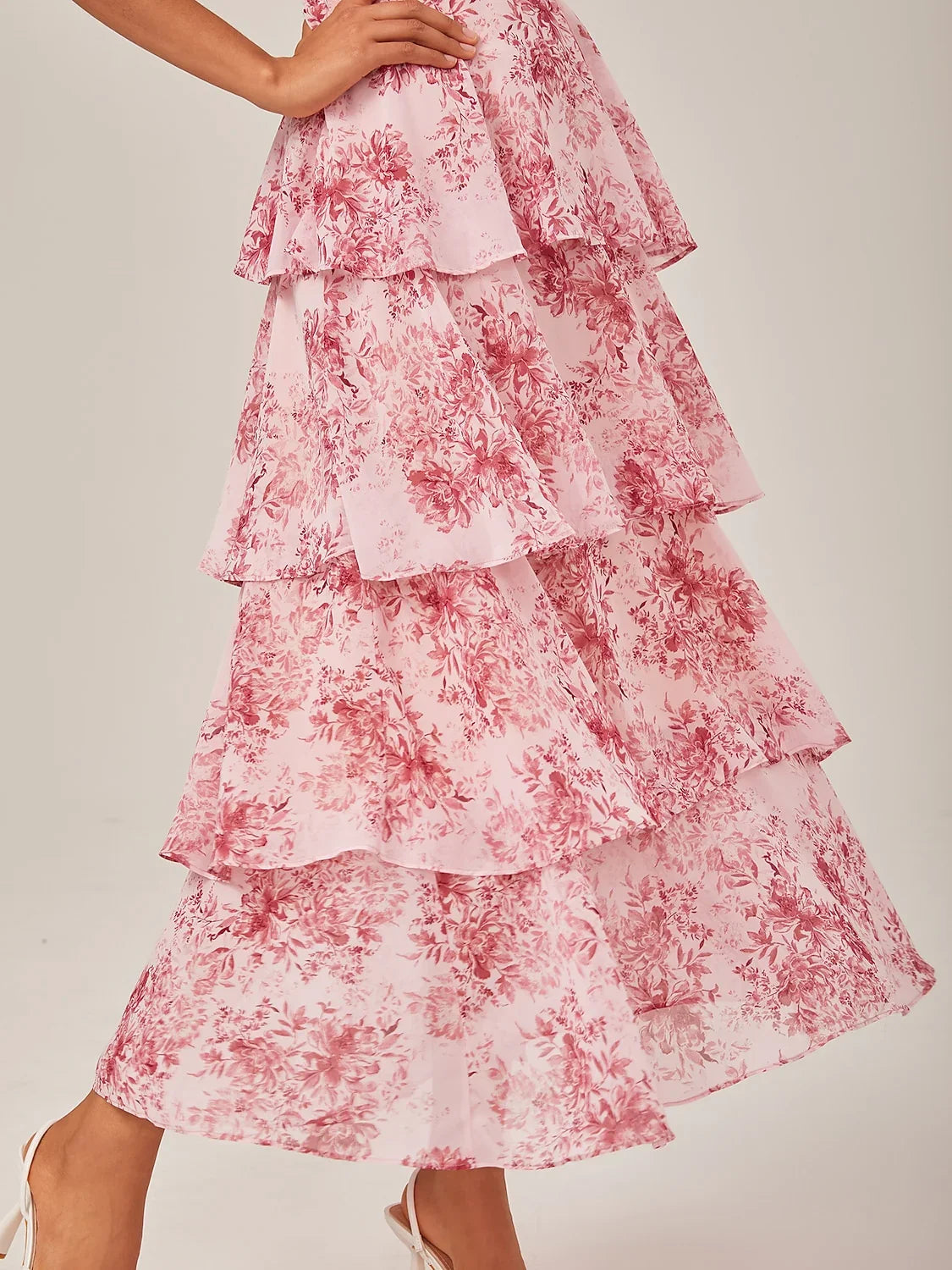 Abstract Floral Ruffle Chiffon Maxi Dress