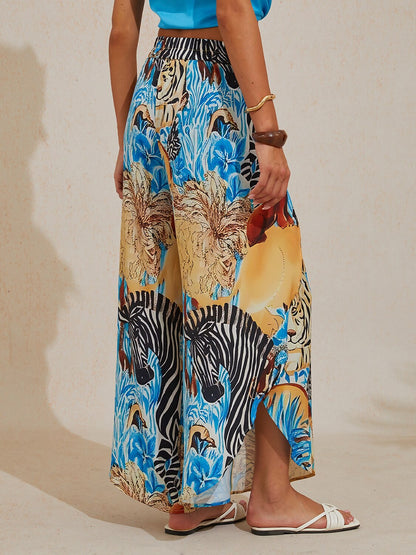 Sapphire Zebra Bloom Silky Satin Slit Wide Leg Pants