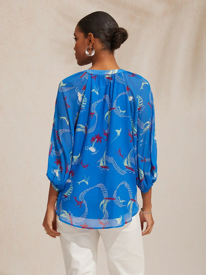 Midnight Blue Baroque Chiffon 3/4 Sleeves Top