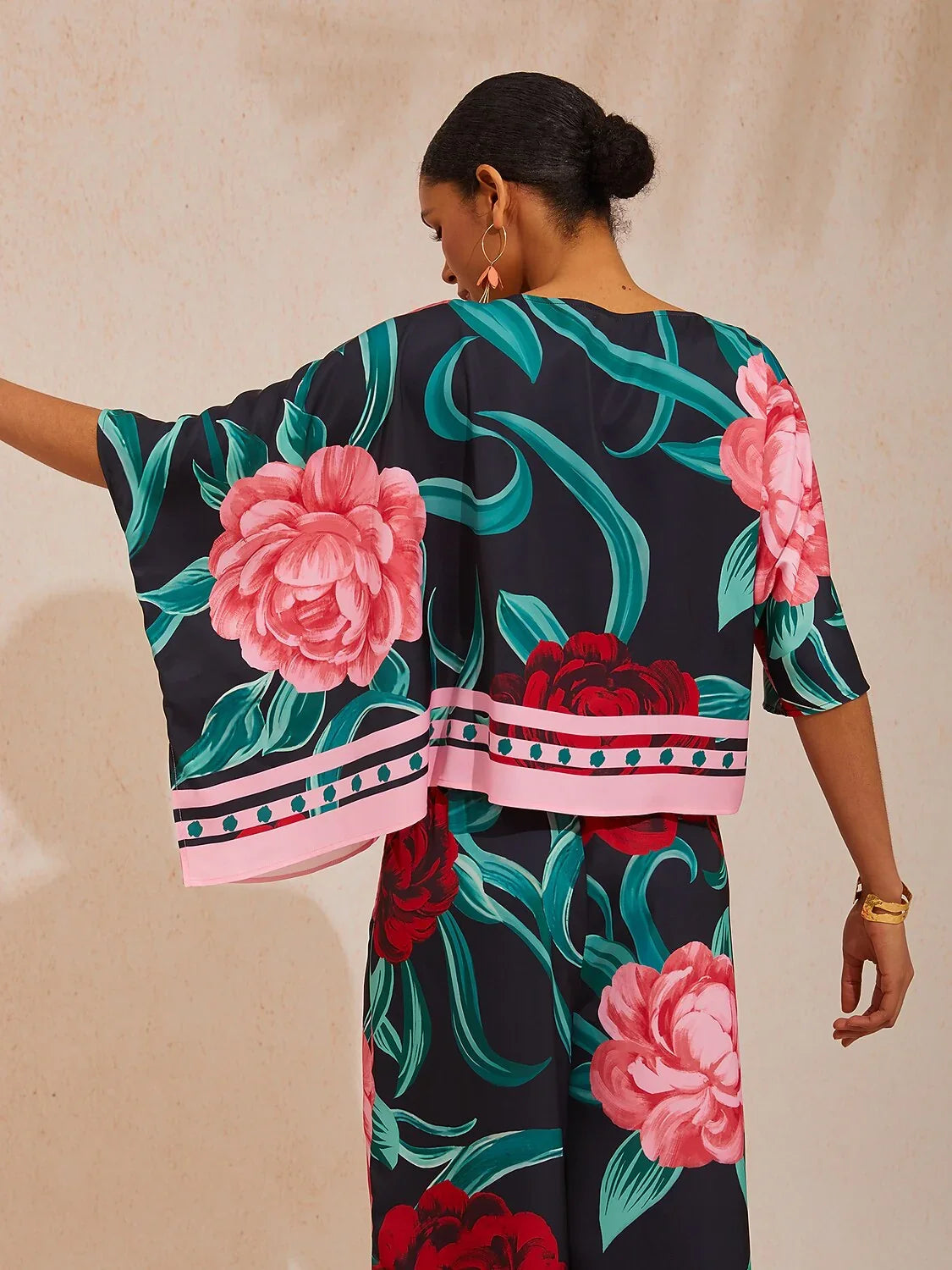 Summer Night Palm Silky Satin Dolman Sleeve Top