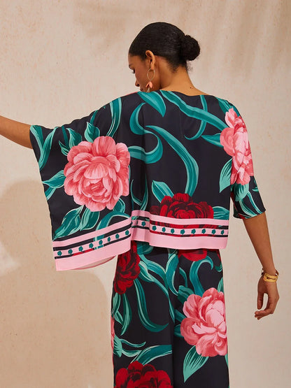 Summer Night Palm Silky Satin Dolman Sleeve Top