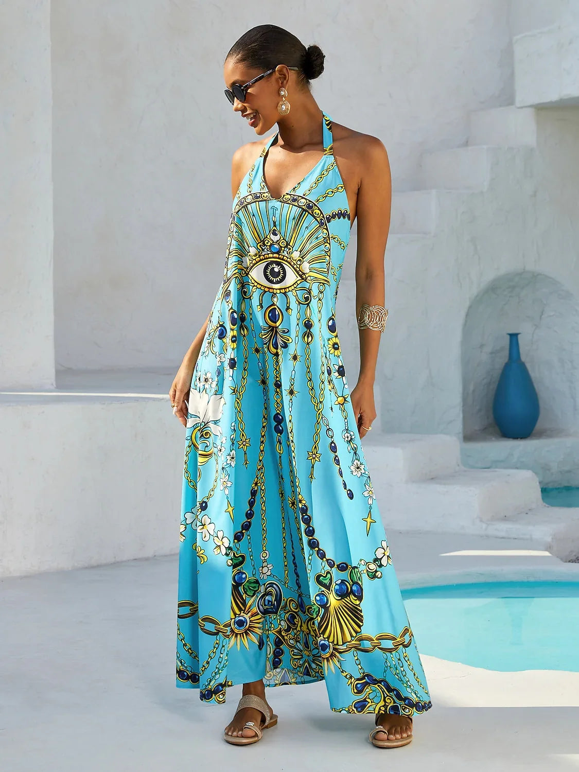 Womens Silky SatinCami Maxi Dress Halter Neck Sleeveless Loose Fit Vintage Soft Satin Finish Smooth Drape, Aqua Blue / L