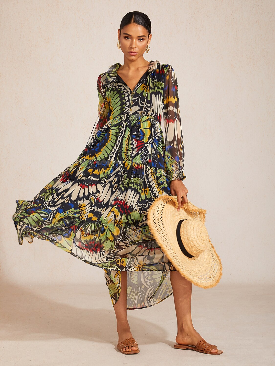 Jungle Butterfly Flowy Chiffon Maxi Dress