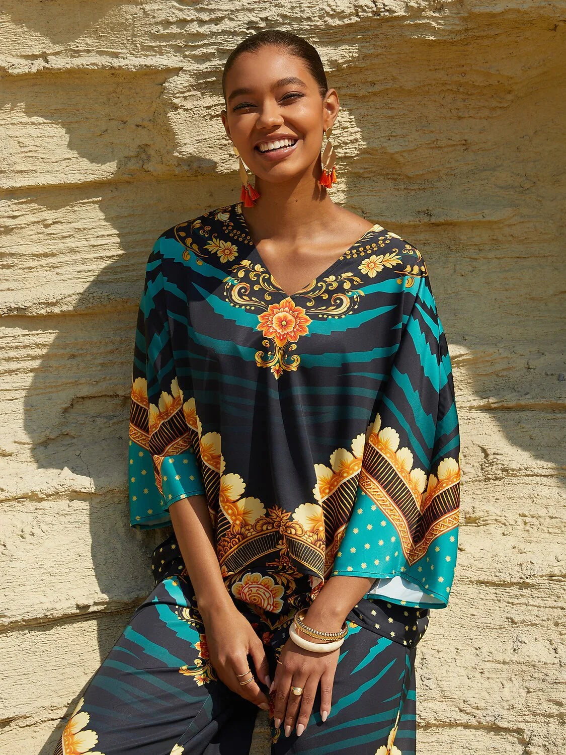 Emerald Empress Silky Satin V-Neck Top