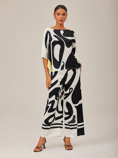 Satin Combo Magyar Black Flowy Graphic Shirt