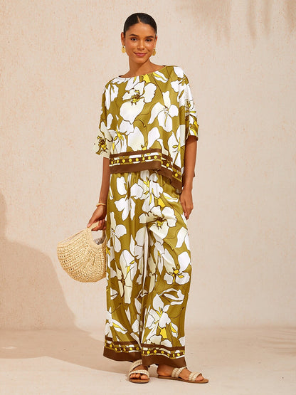 Golden Petal Glow Silky Satin Wide Leg Pants