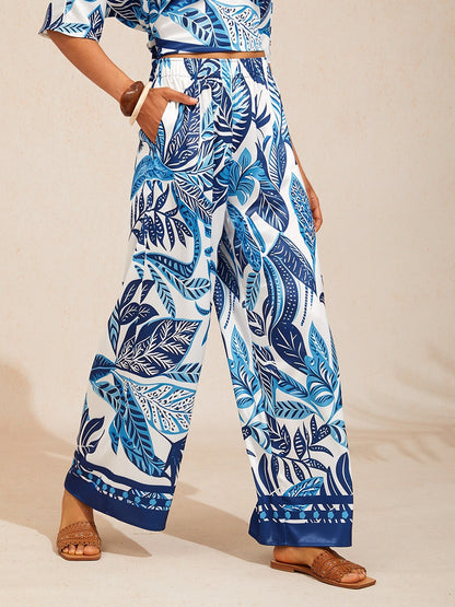Azure Leaves Silky Satin Wide Leg Pants
