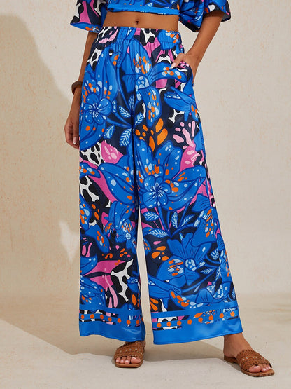Abstract Azure Silky Satin Wide Leg Pants