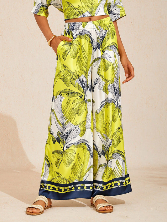 Citrus Palm Luxe Silky Satin Wide Leg Pants