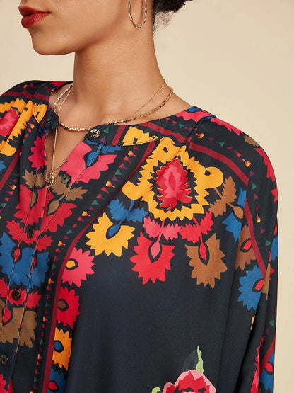 Chiffon Floral Print Lapel Ethnic Style Top