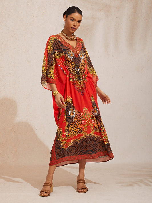Scarlet Tigress Flowy Chiffon Shirred Kaftan