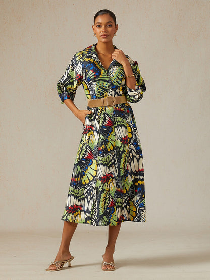 Jungle Butterfly Satin Trench-Style Maxi Dress