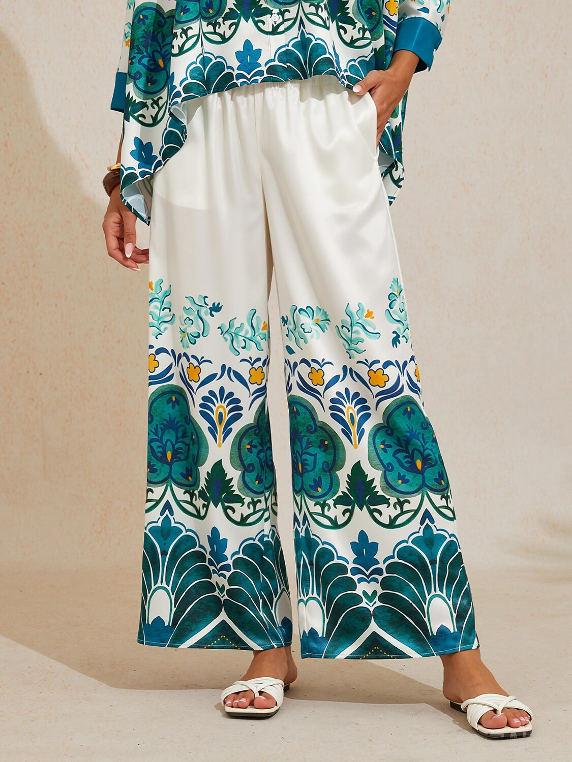 Jade Palace Garden Silky Satin Wide Leg Pants