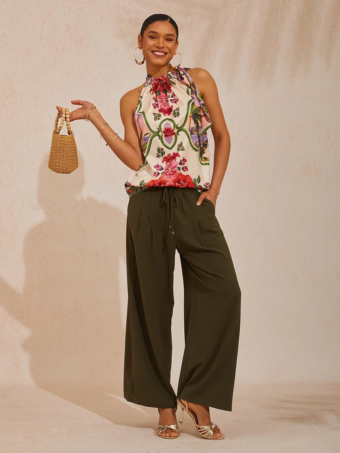 Hawaii Palm Silky Satin Floral Top
