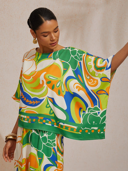 Summer Night Palm Silky Satin Dolman Sleeve Batwing Top