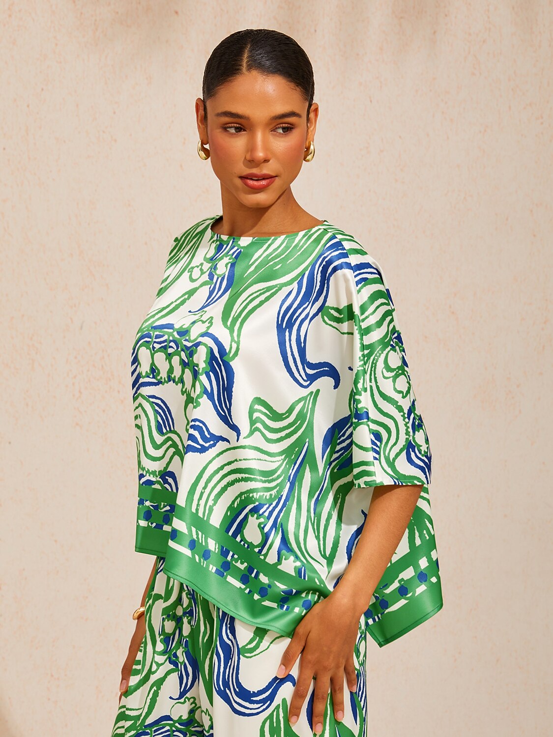 Pastel Floral Garden Silky Satin Dolman Batwing Top