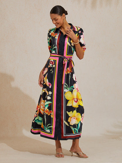 Midnight Floral Carnival Silky Satin Midi Dress
